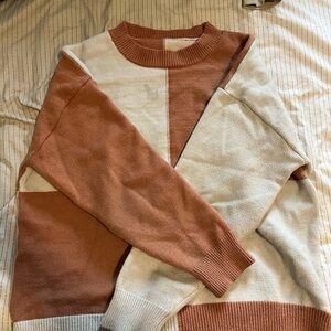 Cream and Brown Crew Neck Colorblock Sweater